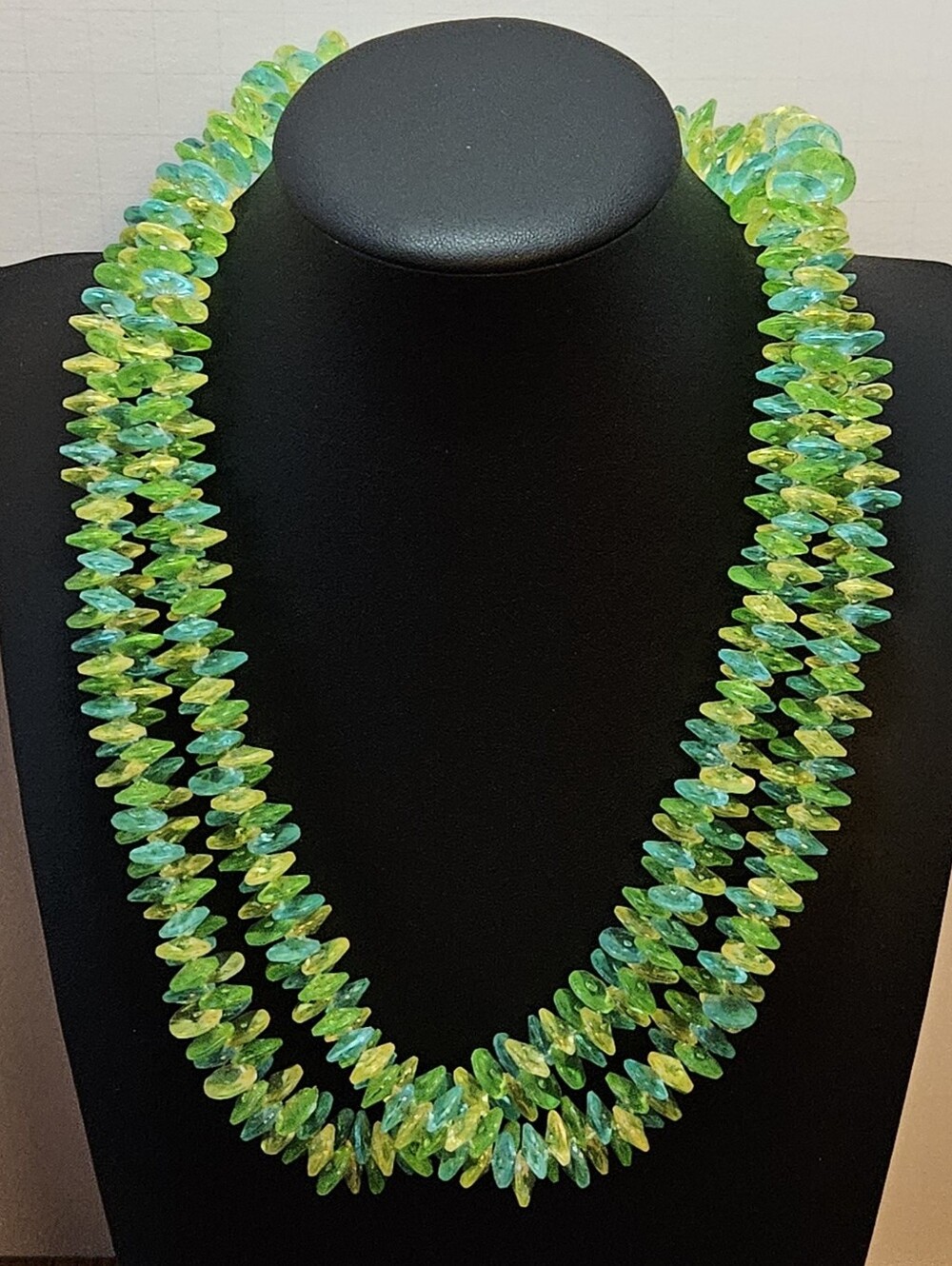 Vintage Green Yellow Teal Lucite Beaded Necklace Long Opera Length Strand